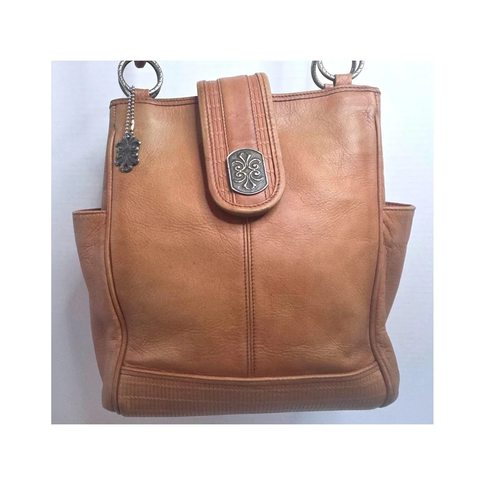 VTG 90s American Angel Tan Leather Braided‎ Strap Shoulder Bag Silver Medallion